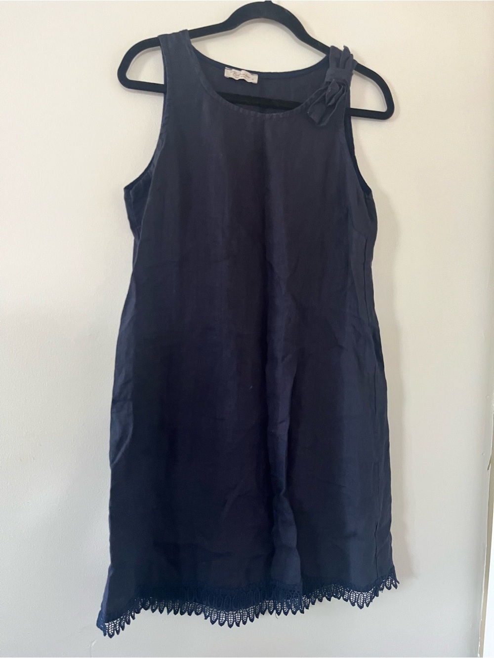 100% Linen Navy Blue Mini Shift Dress Small Lace Hem Euro Summer Coastal